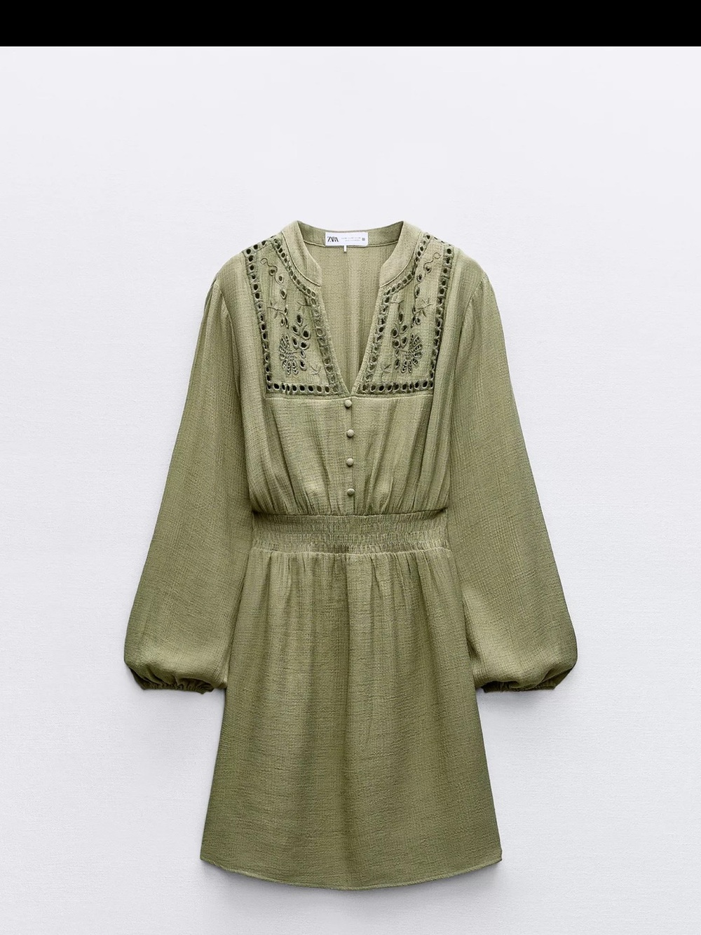 Zara Olive Green Embroidered Long-Sleeve Mini Dress
